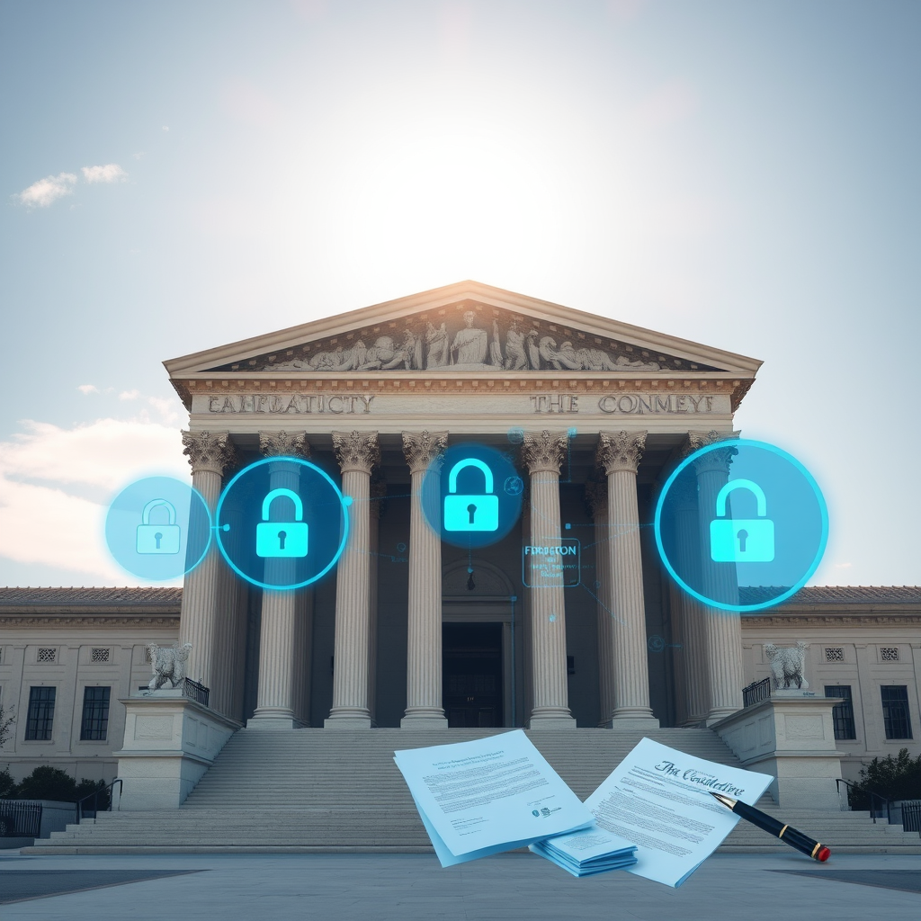 Supreme Court building with digital privacy symbols and legal documents, representing the intersection of technology and constitutional law