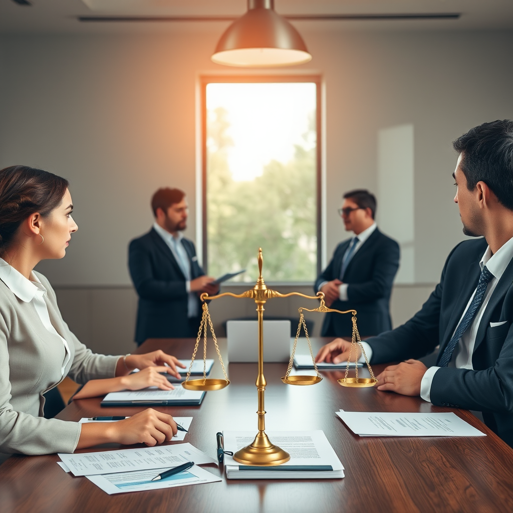 Professional business meeting room with lawyers discussing corporate whistleblower protection legislation, featuring legal documents and scales of justice symbolizing enhanced legal safeguards