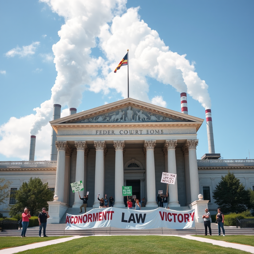 Federal courthouse with environmental activists holding banners, industrial smokestacks in background, representing environmental law victory