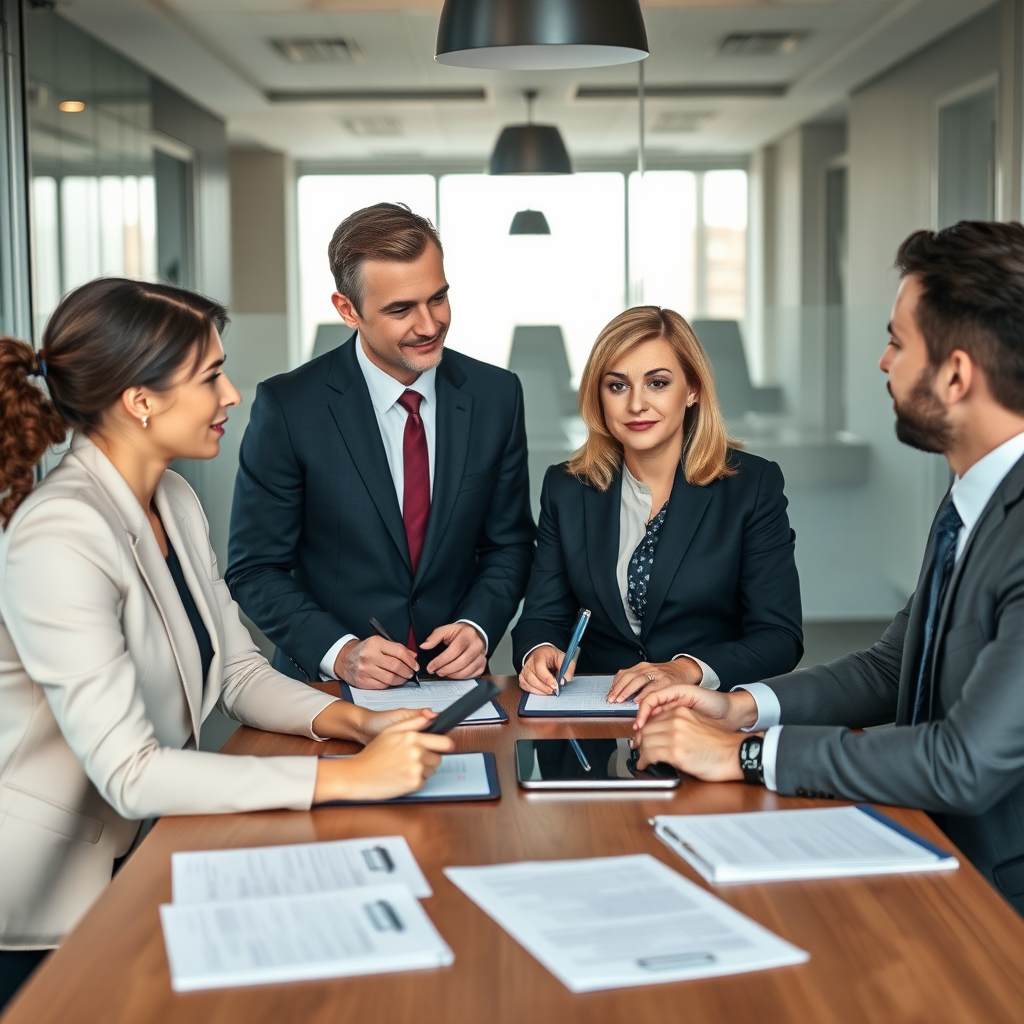 Professional lawyers in modern conference room discussing family law cases with documents and tablets on table, representing legal team adapting to new custody guidelines