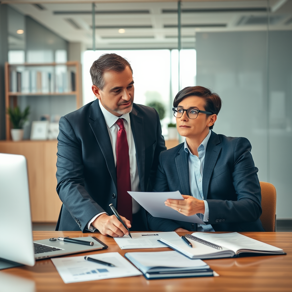 Professional lawyer consulting with corporate whistleblower in modern office setting, legal documents and protection symbols visible