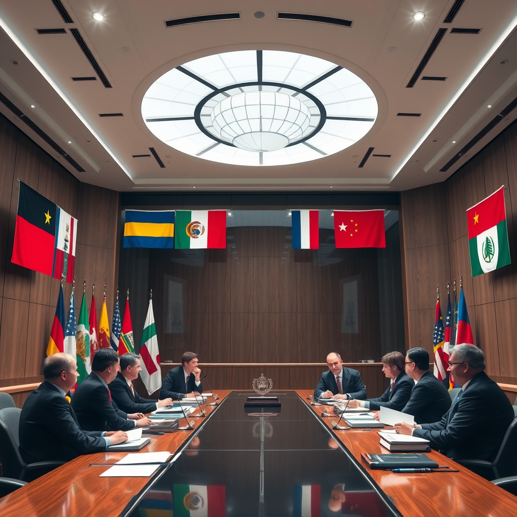International arbitration chamber with flags from different countries, legal professionals in discussion, and trade documents representing global commerce law